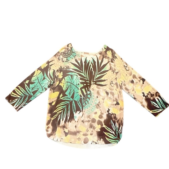Chico's Cream/Brown/Teal Palm Print 3/4 Sleeve Lightweight Sweater Size 2/Large - Picture 1 of 10